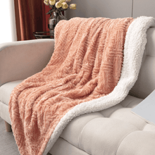 Load image into Gallery viewer, DaDa Bedding Coral Peach Rose Faux Fur Throw Blanket - Dreamy Geometric Embossed Sherpa Backside - Super Soft Warm Cozy Plush Fluffy