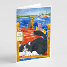Load image into Gallery viewer, Cat Fishing from the dock Greeting Cards -  Blank Note Cards – 8-Pack of Artist-Designed Cards with Envelopes