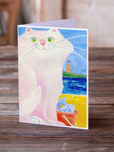 Load image into Gallery viewer, Big white Cat at the beach Greeting Cards -  Blank Note Cards – 8-Pack of Artist-Designed Cards with Envelopes