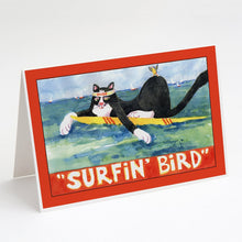 Load image into Gallery viewer, Black and white Cat Surfin Bird Greeting Cards -  Blank Note Cards – 8-Pack of Artist-Designed Cards with Envelopes