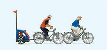 Load image into Gallery viewer, Preiser 10638 HO Scale Family on Bicycle Trip -- 2 Riders w/Bikes &amp; Baby Trailer