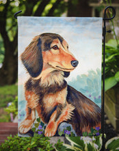 Load image into Gallery viewer, Dachshund chocolate and tan Long Haired Garden Flag – Decorative Outdoor Yard Flag