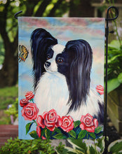 Load image into Gallery viewer, Black and White Papillon in Roses Garden Flag – Decorative Outdoor Yard Flag