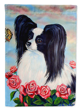 Load image into Gallery viewer, Black and White Papillon in Roses Garden Flag – Decorative Outdoor Yard Flag