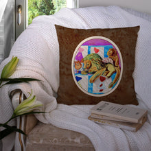 Load image into Gallery viewer, Pomeranian on the Couch with Toy Tiger Throw Pillow - 14x14 Decorative Pillow – Art for Your Home &amp; Patio 7103PW1414