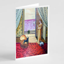 Load image into Gallery viewer, French Bulldog and lady  Greeting Cards -  Blank Note Cards – 8-Pack of Artist-Designed Cards with Envelopes