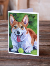 Load image into Gallery viewer, Corgi with green ball Greeting Cards -  Blank Note Cards – 8-Pack of Artist-Designed Cards with Envelopes