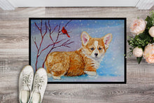 Load image into Gallery viewer, Corgi Pup Snow Cardinal Doormat - 24x36 Decorative Floor Mat – Indoor/Outdoor Rug