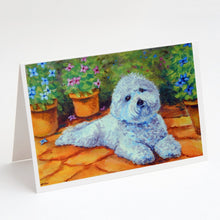Load image into Gallery viewer, Bichon Frise on the patio Greeting Cards -  Blank Note Cards – 8-Pack of Artist-Designed Cards with Envelopes
