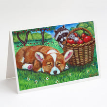 Load image into Gallery viewer, Corgi with the Racoon Apple Thief Greeting Cards -  Blank Note Cards – 8-Pack of Artist-Designed Cards with Envelopes