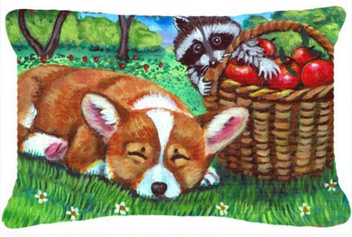 Corgi with the Racoon Apple Thief Fabric Decorative Pillow 7430PW1216