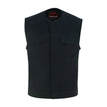 Load image into Gallery viewer, Mens Black Denim Motorcycle Vest with Concealed Snaps &amp; Zipper