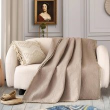 Load image into Gallery viewer, DaDa Bedding Elegant Fringed Cotton Quilted Throw Blanket - Luxurious Solid Soft Paisley Pattern, Cozy Lightweight Lap Throw, Perfect for Couch or Bed, Neutral Sandy Taupe Tan Beige, 50x60 Inches