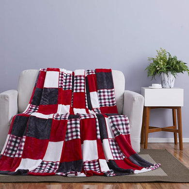 Tache Holiday Red Farmhouse Plaid Patchwork Flannel Throw Blanket (4025)