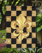 Load image into Gallery viewer, Black and Gold Fleur de lis checkered Garden Flag – Decorative Outdoor Yard Flag