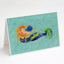 Load image into Gallery viewer, Blonde Mermaid on Teal Greeting Cards -  Blank Note Cards – 8-Pack of Artist-Designed Cards with Envelopes