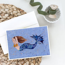 Load image into Gallery viewer, Brown Headed Mermaid on Blue Greeting Cards -  Blank Note Cards – 8-Pack of Artist-Designed Cards with Envelopes