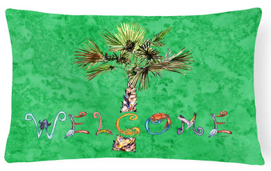 Welcome Palm Tree on Green Canvas Fabric Decorative Pillow 8710PW1216