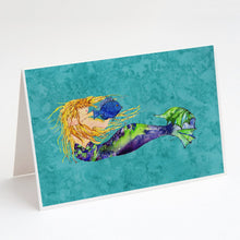 Load image into Gallery viewer, Blonde Mermaid on Teal Greeting Cards -  Blank Note Cards – 8-Pack of Artist-Designed Cards with Envelopes