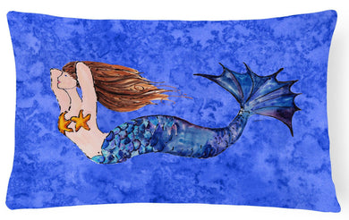 Brunette Mermaid on Blue Canvas Fabric Decorative Pillow 8725PW1216
