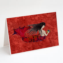 Load image into Gallery viewer, Black Haired Mermaid on Red Greeting Cards -  Blank Note Cards – 8-Pack of Artist-Designed Cards with Envelopes
