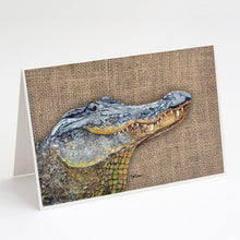 Load image into Gallery viewer, Alligator  on Faux Burlap Greeting Cards -  Blank Note Cards – 8-Pack of Artist-Designed Cards with Envelopes