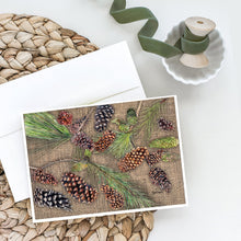 Load image into Gallery viewer, Pine Cones  on Faux Burlap Greeting Cards -  Blank Note Cards – 8-Pack of Artist-Designed Cards with Envelopes
