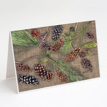 Load image into Gallery viewer, Pine Cones  on Faux Burlap Greeting Cards -  Blank Note Cards – 8-Pack of Artist-Designed Cards with Envelopes