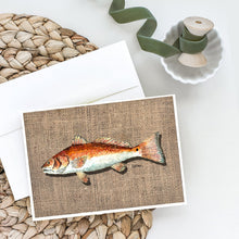 Load image into Gallery viewer, Fish Red Fish  on Faux Burlap Greeting Cards -  Blank Note Cards – 8-Pack of Artist-Designed Cards with Envelopes