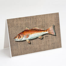 Load image into Gallery viewer, Fish Red Fish  on Faux Burlap Greeting Cards -  Blank Note Cards – 8-Pack of Artist-Designed Cards with Envelopes