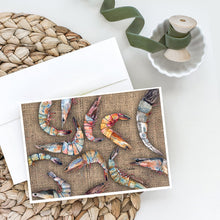Load image into Gallery viewer, Shrimp  on Faux Burlap Greeting Cards -  Blank Note Cards – 8-Pack of Artist-Designed Cards with Envelopes