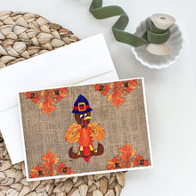 Load image into Gallery viewer, Thanksgiving Turkey Fleur de lis on Faux Burlap Greeting Cards -  Blank Note Cards – 8-Pack of Artist-Designed Cards with Envelopes