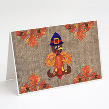 Load image into Gallery viewer, Thanksgiving Turkey Fleur de lis on Faux Burlap Greeting Cards -  Blank Note Cards – 8-Pack of Artist-Designed Cards with Envelopes