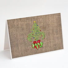 Load image into Gallery viewer, Christmas Tree Fleur de lis on Faux Burlap Greeting Cards -  Blank Note Cards – 8-Pack of Artist-Designed Cards with Envelopes