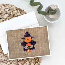 Load image into Gallery viewer, Halloween Pumpkin and Bat Fleur de lis on Faux Burlap Greeting Cards -  Blank Note Cards – 8-Pack of Artist-Designed Cards with Envelopes