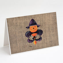 Load image into Gallery viewer, Halloween Pumpkin and Bat Fleur de lis on Faux Burlap Greeting Cards -  Blank Note Cards – 8-Pack of Artist-Designed Cards with Envelopes