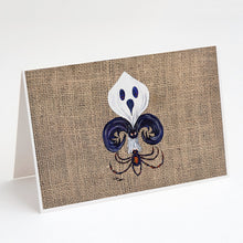 Load image into Gallery viewer, Halloween Ghost Bat and Spider Fleur de lis on Faux Burlap Greeting Cards -  Blank Note Cards – 8-Pack of Artist-Designed Cards with Envelopes