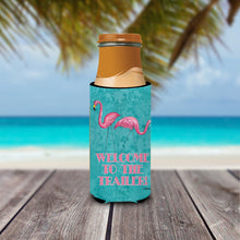 Load image into Gallery viewer, Welcome to the Trailer with Flamingos Slim Can Hugger – Fun &amp; Functional Drink Coolers 8757MUK