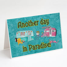 Load image into Gallery viewer, Another Day in Paradise Retro Glamping Trailer Greeting Cards -  Blank Note Cards – 8-Pack of Artist-Designed Cards with Envelopes