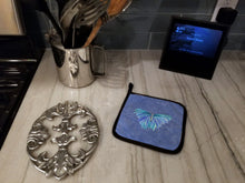 Load image into Gallery viewer, Butterfly on Slate Blue Pot Holders - Set of 2 Decorative Kitchen Helpers | Made in the USA 8855PTHD