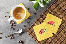 Load image into Gallery viewer, Lady Bug on Yellow Coasters - Set of 4 Lightweight Foam, Absorbent Drink Coasters