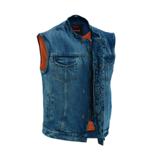 Load image into Gallery viewer, Men's Blue Denim Motorcycle Vest with Lace &amp; Pockets