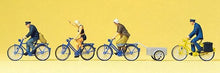 Load image into Gallery viewer, Preiser 10507 HO Scale Sports &amp; Recreation -- Cyclists w/Bicycle Trailer pkg(4)