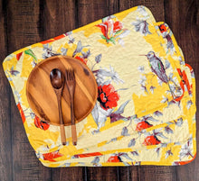 Load image into Gallery viewer, DaDa Bedding Radiant Sunshine Yellow Floral Dining Table Placemats - Set of 4-Pieces Quilted Hummingbirds Farmhouse Red Flowers - 13 x 19