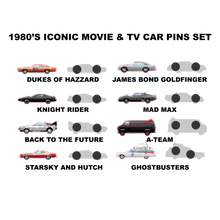 Load image into Gallery viewer, DL11-07 Legendary Iconic Movie TV Cars 1980 Edition 8 pins 80's set collection Knight Rider Back to the Future Mad Max Starsky and Hutch A-Team Ghost Busters James Bond Dukes of Hazzard