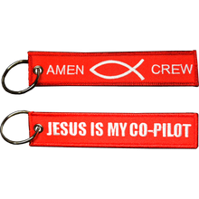 Load image into Gallery viewer, EL11-021 Jesus is my Co-Pilot Amen CREW Keychain or Luggage Tag or zipper pull Fish Spirit