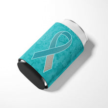 Load image into Gallery viewer, Teal and White Ribbon for Cervical Cancer Awareness Can or Bottle Hugger AN1215CC