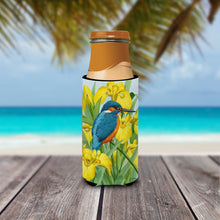 Load image into Gallery viewer, Kingfisher in Yellow Irises Slim Can Hugger – Fun &amp; Functional Drink Coolers ASA2009MUK