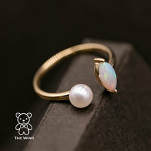 Load image into Gallery viewer, Australian Solid Opal with Akoya Pearl Open Adjustable Ring 18K Yellow Gold