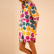 Load image into Gallery viewer, All Over Smiley Preslie Poplin Shirt Dress | Organic Cotton Beltable Dress or Tunic with Pockets